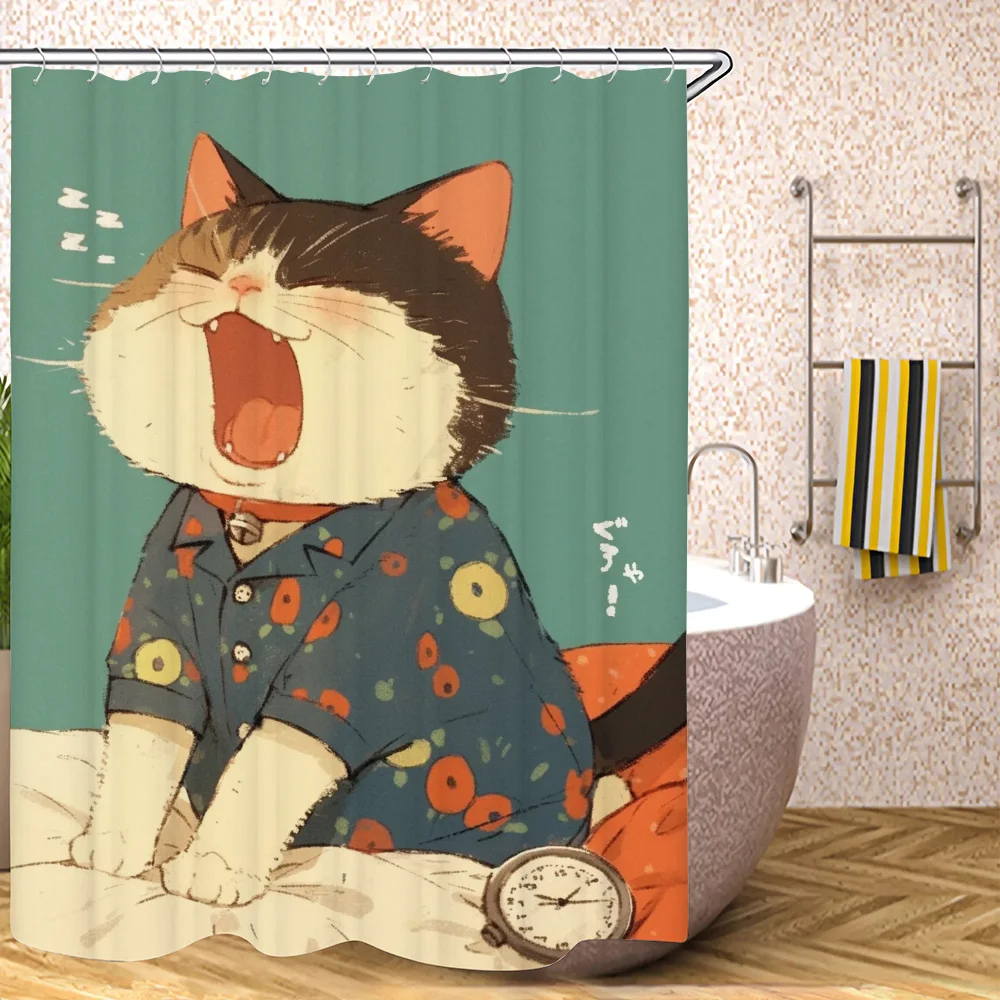 Sleeping Cat Curtains for Bedrooms Bath Curtain Bathroom Accessories Set Folding Partition Shower Houses Rooms Quarto Waterproof