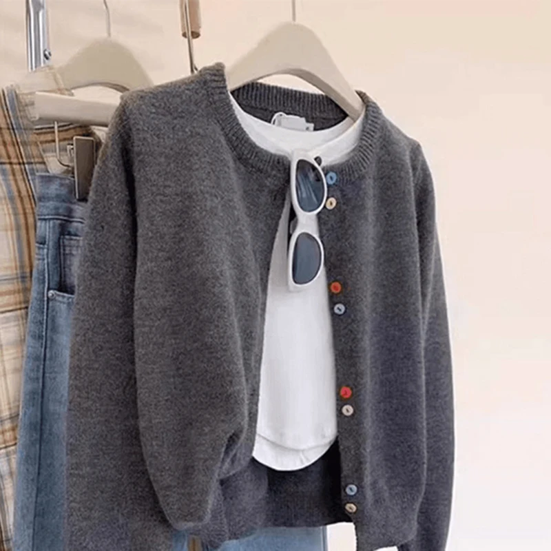 

Colored Buttons O-Neck Soft Long Sleeves 100% Merino Wool Knitwear Cardigan Cashmere Sweater Comfort Clothing Top Casual Grey