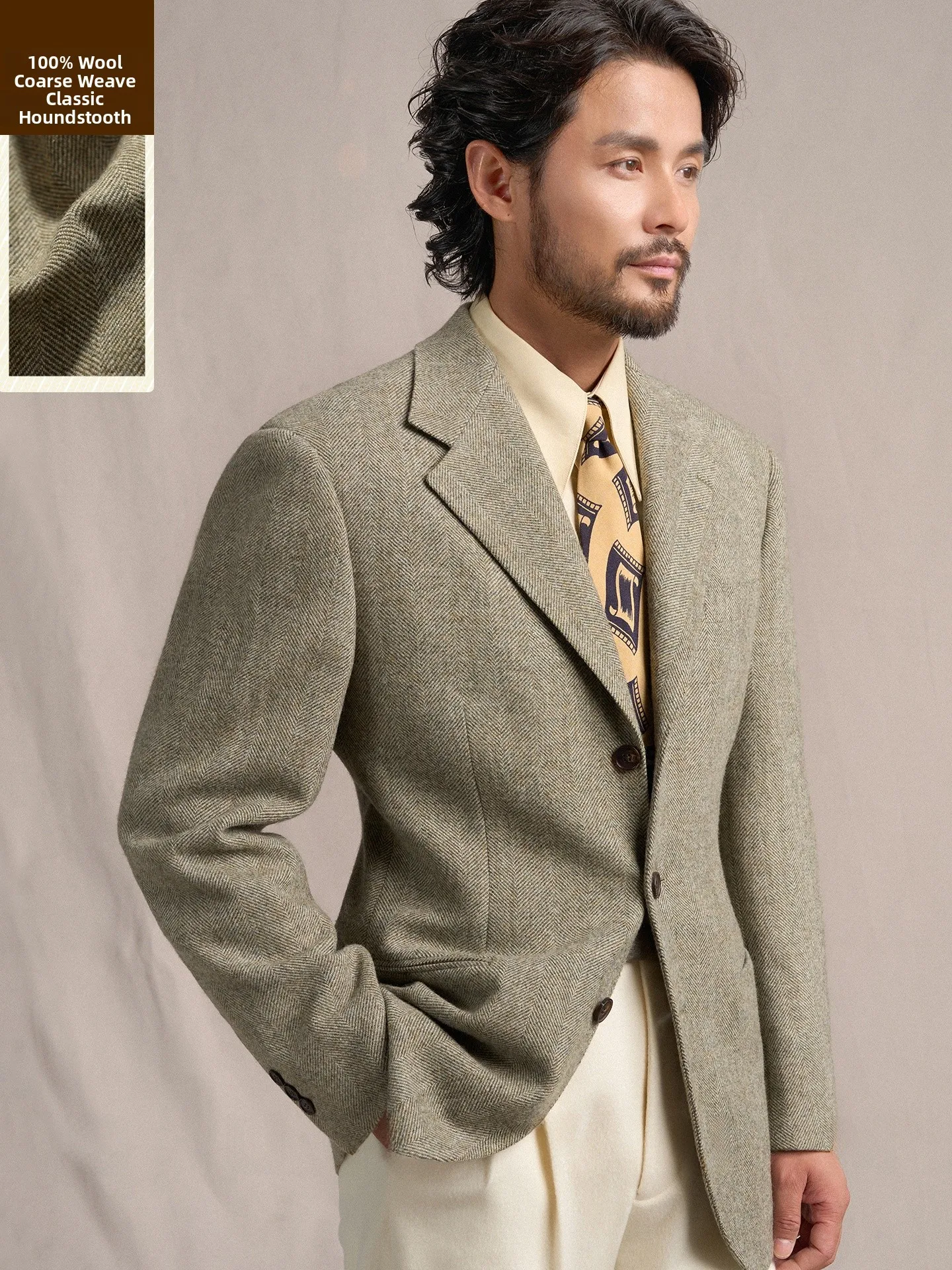 

Cultum Classic Men's Woolen Suit Heavyweight Retro Elegant Flat Collar Tweed Business Casual Warm Thickened Winter Coat