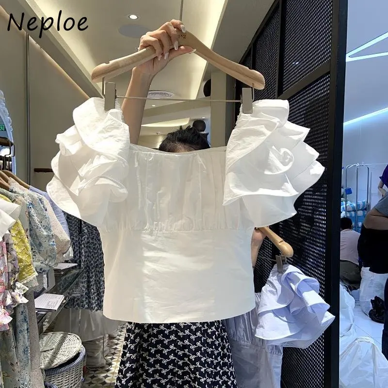 Neploe Korea Sweet Gentle Blusas 2024 Summer New Ruffle Fashion High Waist Short Shirt Femme Square Neck Puff Sleeve Blouses