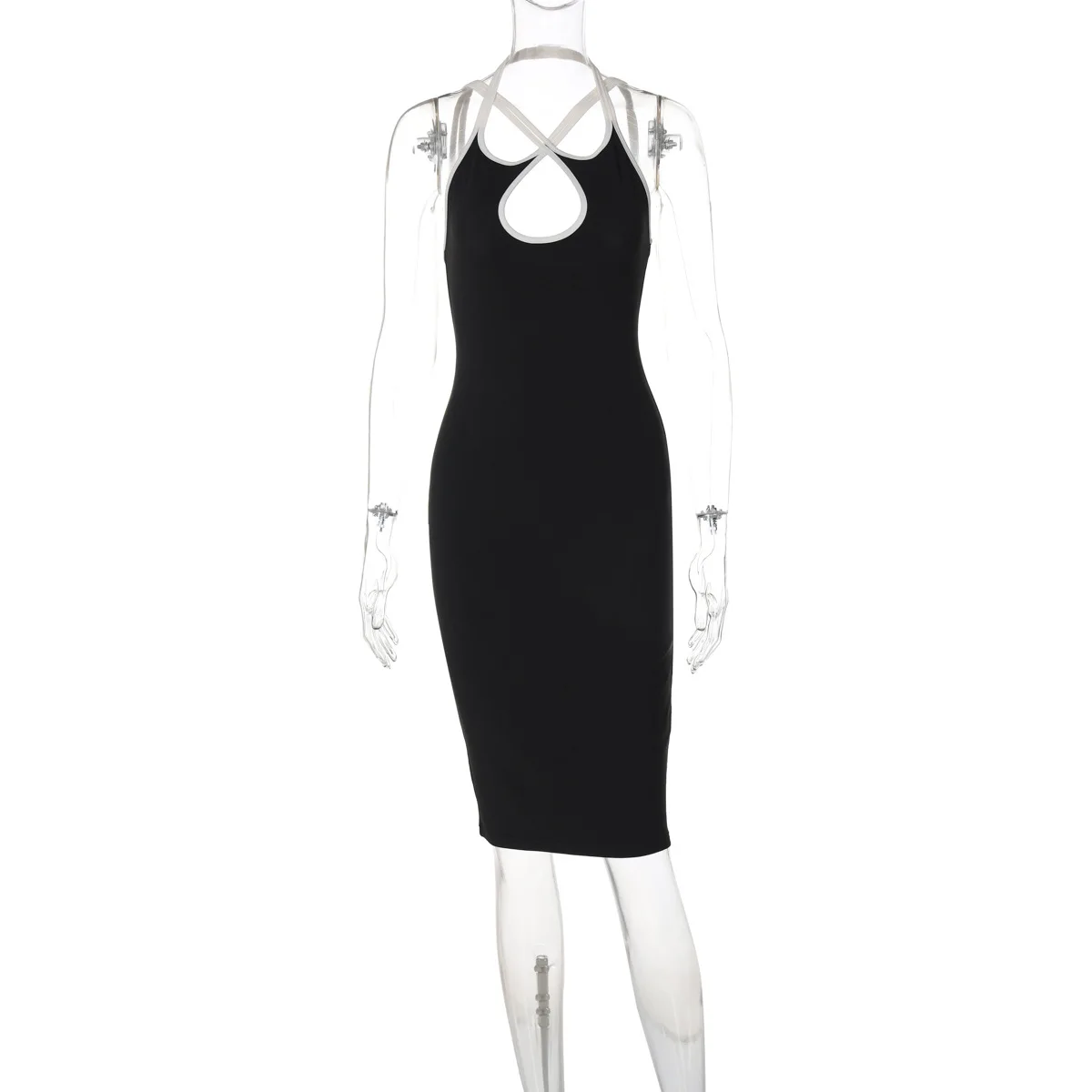 Hochwertiges, heiß verkauftes, kontrastfarbenes, hohles Slim-Fit-Kleid im Sommerstil mit hängendem Hals und freiliegendem Rückengurt, hüftumarmender Rock