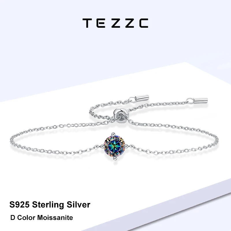

Tezzc Women's Sterling 925 Silver Bracelet 1ct Colorful colors Moissanite Bracelets Classic Four Claw Jewelry Anniversary Gift