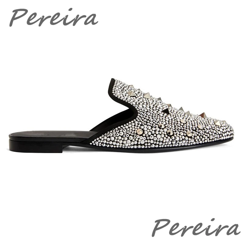 Silver Diamond Rhinestone Men's Shoes Full Drill Nail Rivet Slippers Fashion Luxury Genuine Leather Flats Outside Casual Shoes