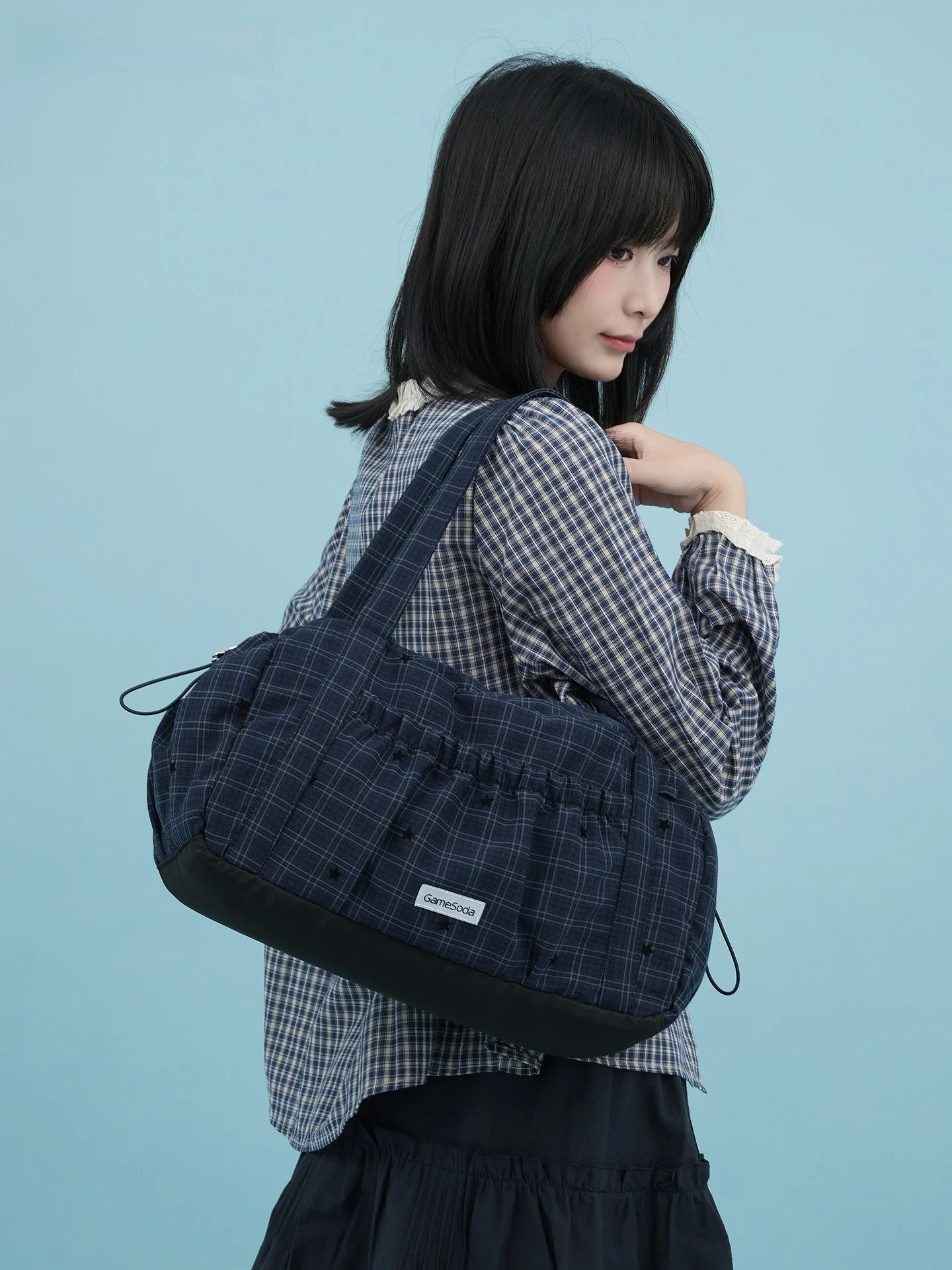 gamesoda-retro-grid-star-boston-bag-women's-pillow-shoulder-bag-commuting-single-shoulder-grid-bag-play-station-soda-drink
