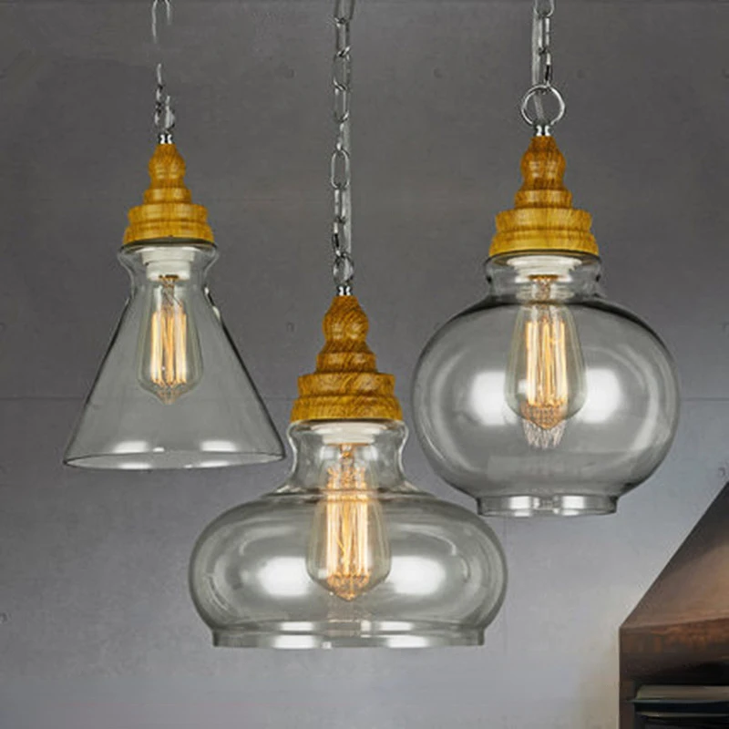 

American Chandelier Rural Loft Led Lighting Living Room Dining Room Industrial Retro Hanging Chain Wood Grain Glass Pendant Lamp