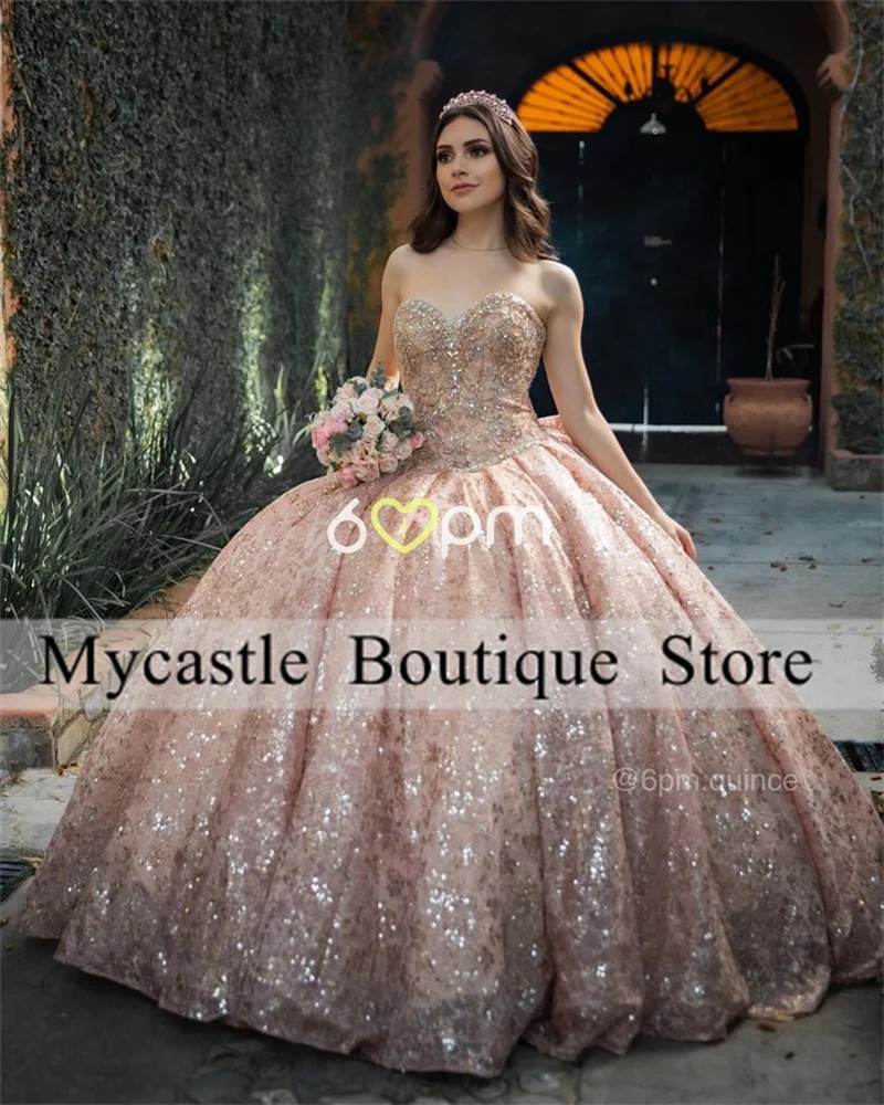 Rose Gold Lace Customized Quinceanera Dresses 2025 With Bow Beaded Crystal Off The Shoulder Sweet 16 Dress Vestidos De 15 Años