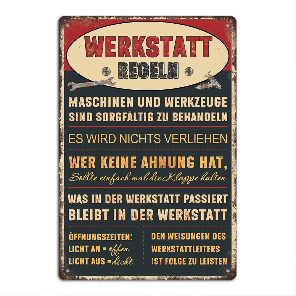 A German Vintage Metal Sign, Workshop Rules, Man Cave Wall Art Decor for Home Farm Workshop Garage