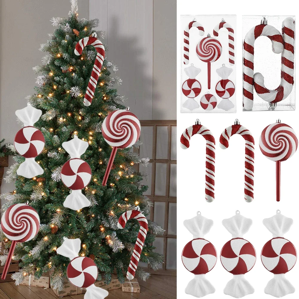 

Large PVC Candy Christmas Pendant Xmas Tree Hanging Cane Red And White Painted Decorations for Home Christmas Party Supplies