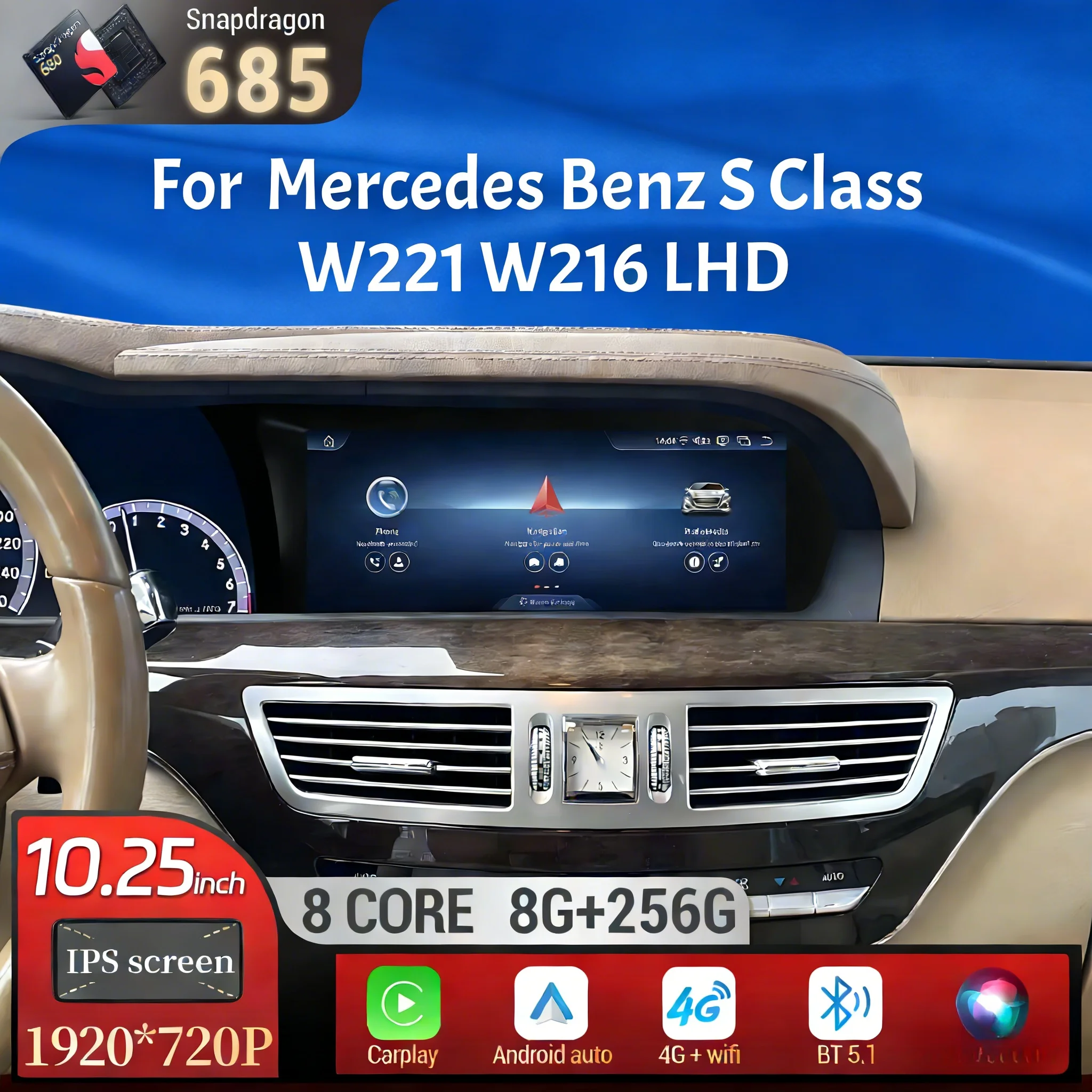 Left Hand Drive 10.25inch Car Radio Snapdragon 685 Screen For Mercedes Benz S Class W221 W216 2005-2013 Android 13 BT Carplay