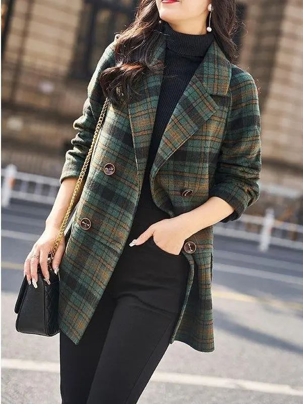 

New High-End Women's Woolen Coat Loose Plaid Mid-Length Slimming Korean Sle Casual Warm Faux Fur Collar Asymmetrical Hem