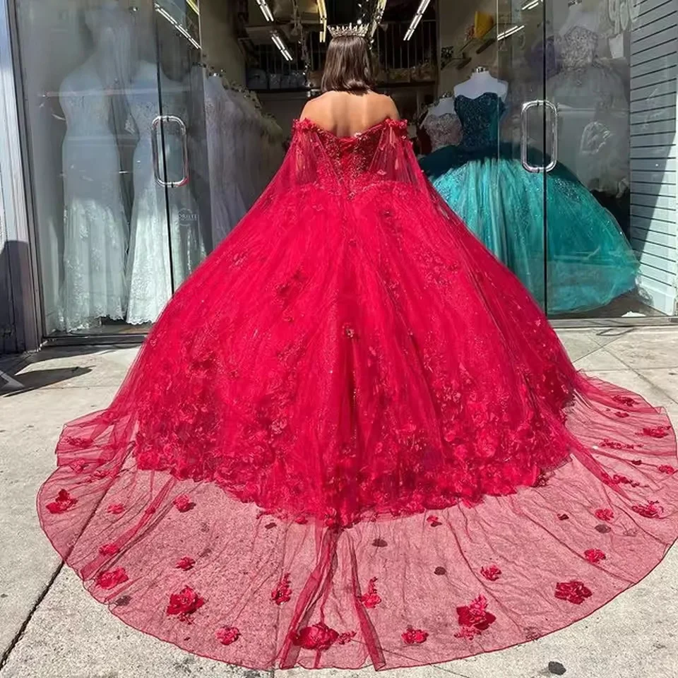 ชุดเดรสงาน Quinceanera สีแดง ทรงบอลกาวน์ เปิดไหล่ ประดับดอกไม้และลูกปัด ทรงพองฟู ชุดเดรสฉลองอายุ 16 ปี 15 Años แบบสั่งตัด