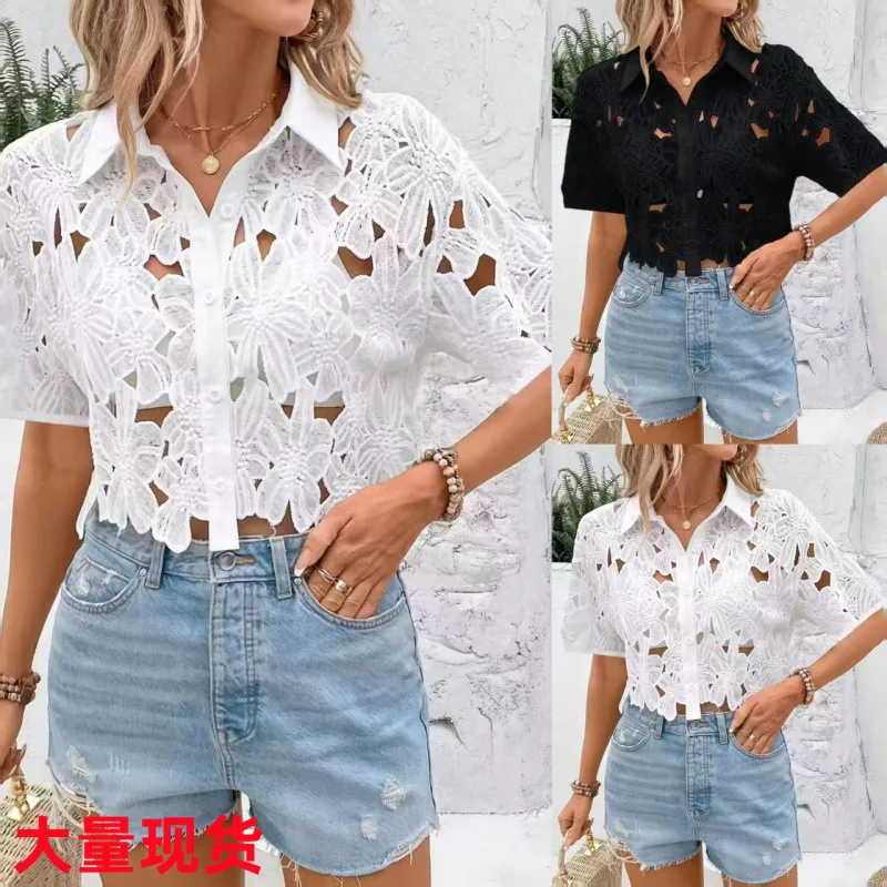 

Women's Clothing Lace Trim Elegant Blouse Womens Casual Button Down Shirt for Vacation Party Daily Wear Sheer Hollow Out Tops