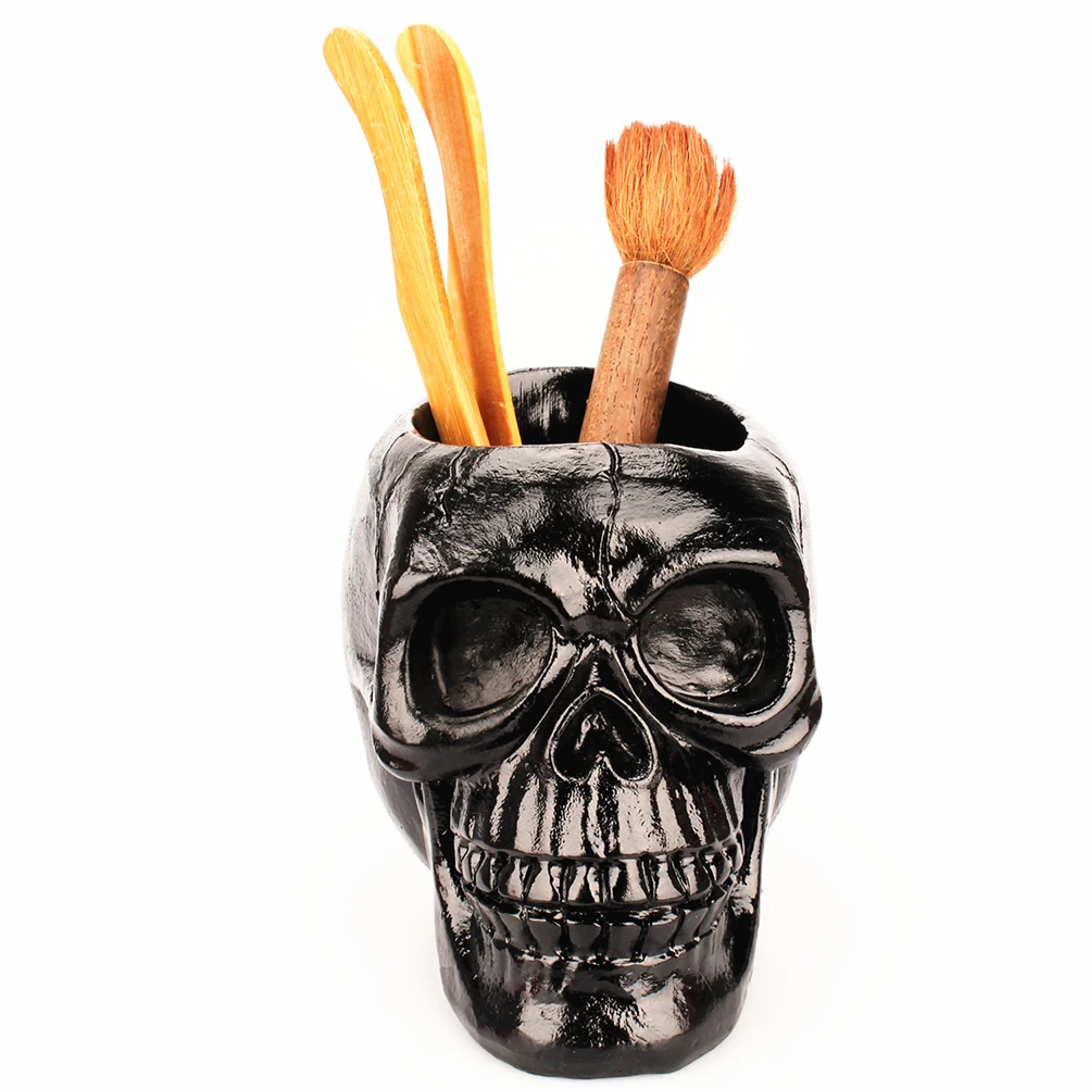 

Pencil Holder Makeup Tools Storage Skull Head Ornament Flowerpot Desktop Decoration Black