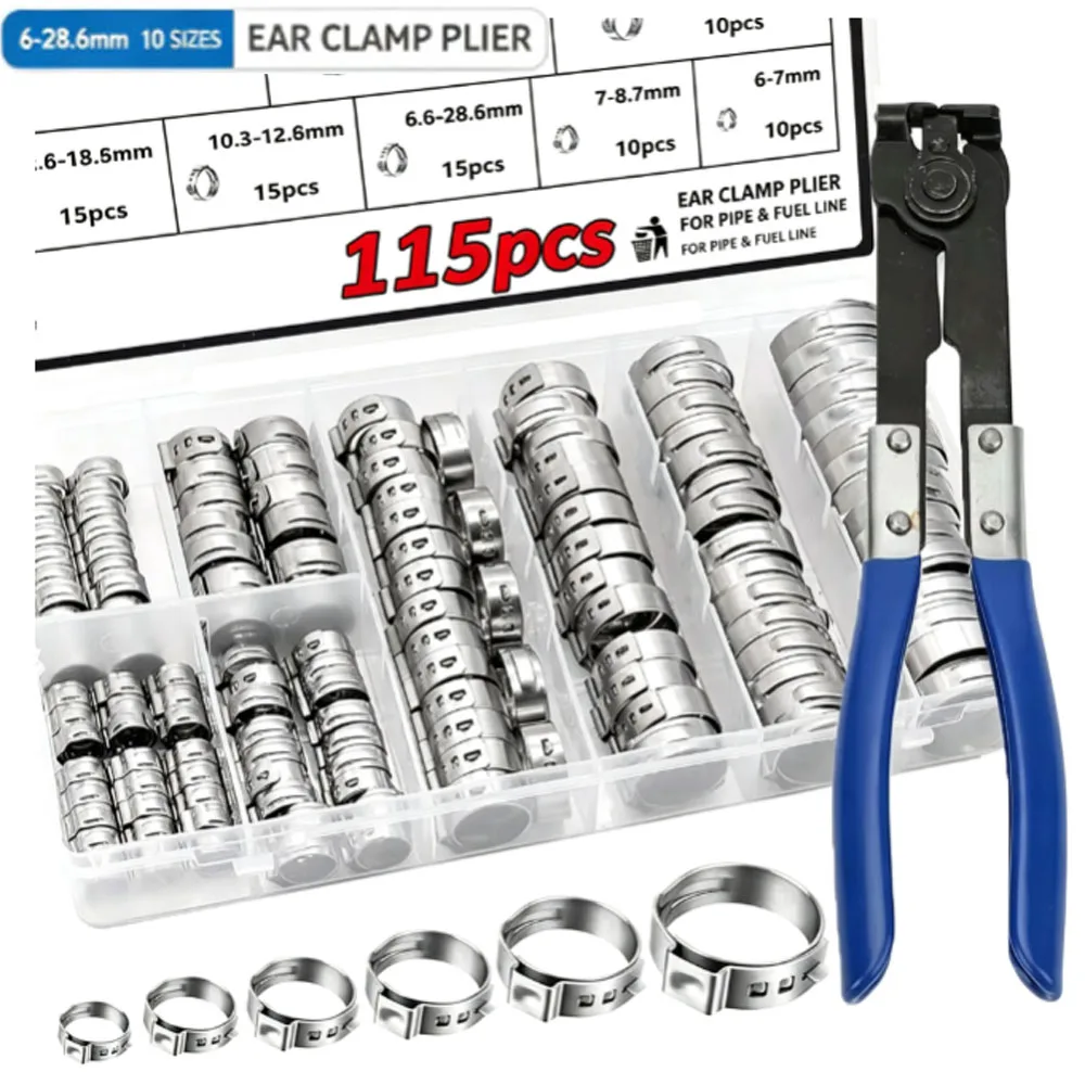 115PCS Single Ear Crimp Hose Clamps Assortment Kit 6-28.6mm, Comes with Ear Clamp Plier, Crimp Clamps for Pipe & Fuel Line