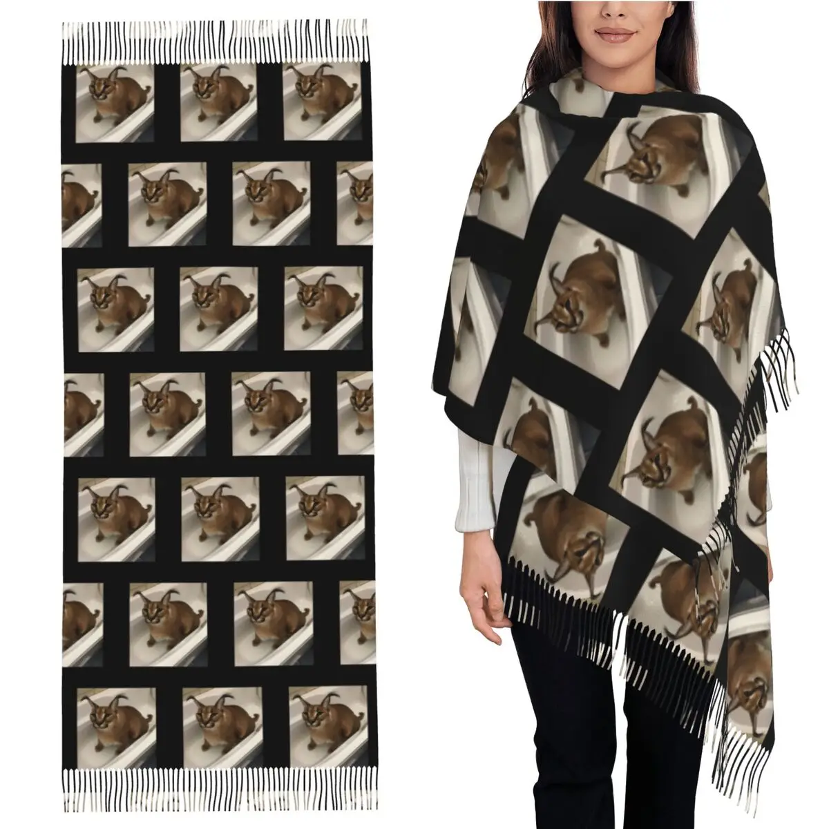 

Большой шарф Floppa с изображением кошки, шарфы с кисточками для женщин, мягкие теплые шали и накидки, большая осенне-зимняя шаль
