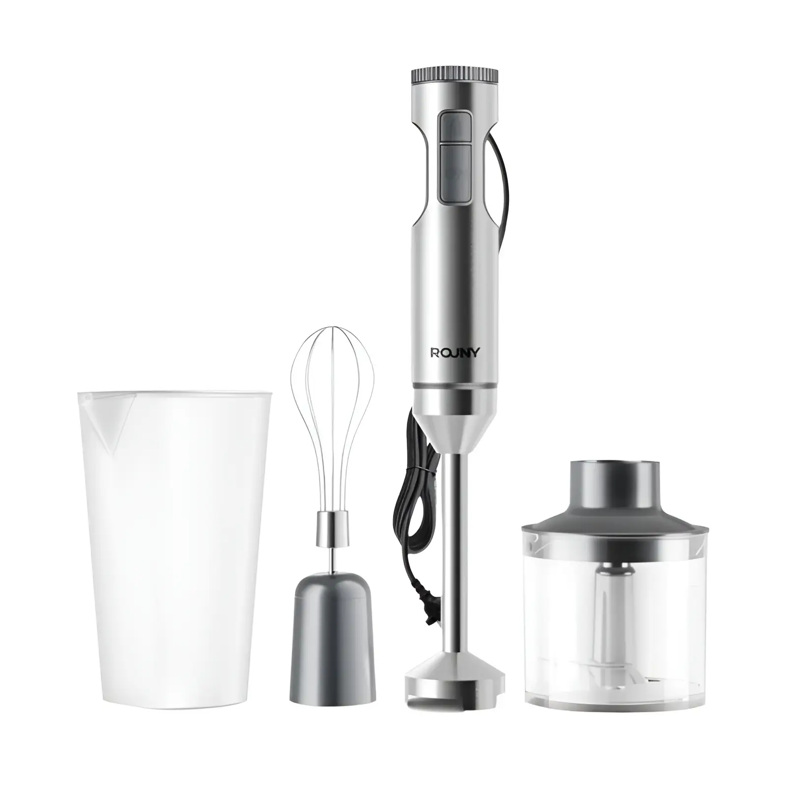 Liquidificador de imersão manual ROUNY 4 em 1, 1000 W, poderoso misturador de alimentos em bastão de aço inoxidável, copo de mistura de 700 ml, processador de 500 ml, batedor