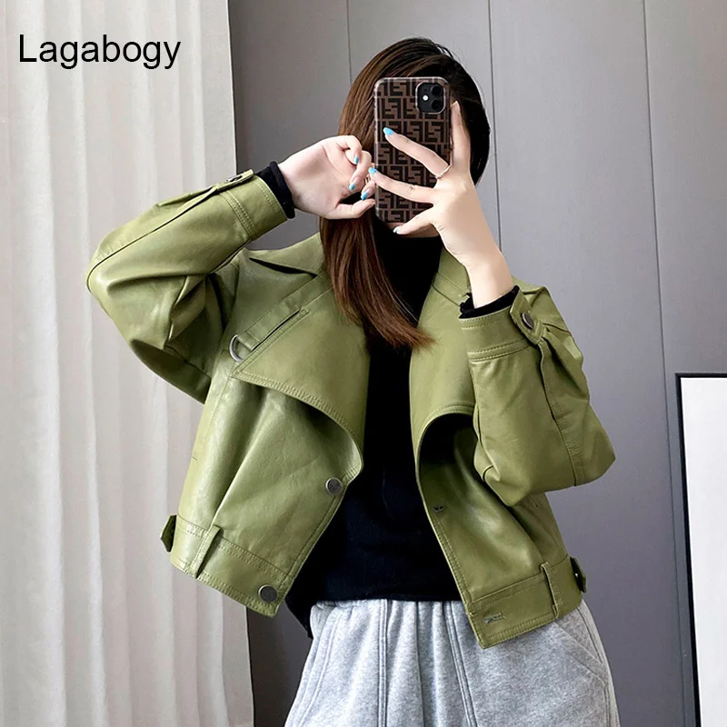 

Leather Lagabogy New Spring Autumn Women PU Jacket Vintage Style Coat Female Short Motor Biker Jacket Loose Army Green Outwear