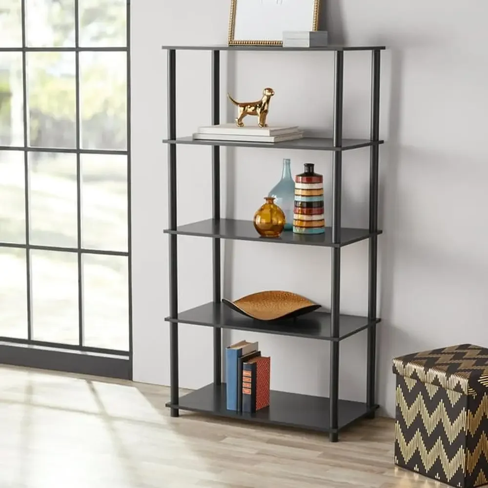 5-Shelf True Black Oak Storage Bookcase No Tools Required Vertical Organizer Holder 75 lb Load Capacity