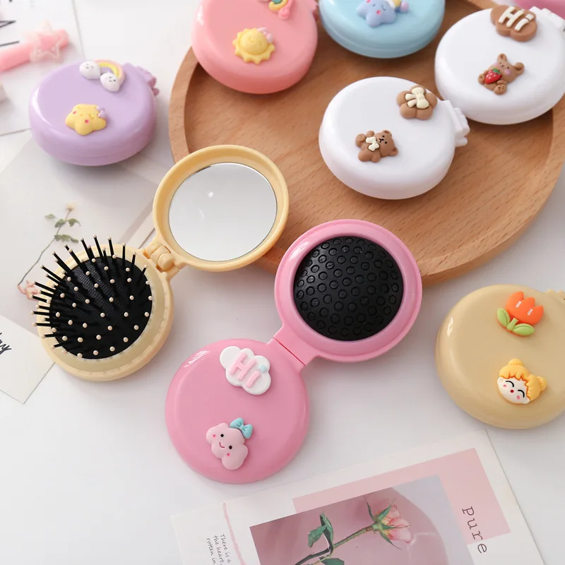 1pcs Cute Kid Hair Brushes Mini Lovely Cartoon Bear Hair Combs With Mirror For Children Girl Small Portable Massage Comb Brushes