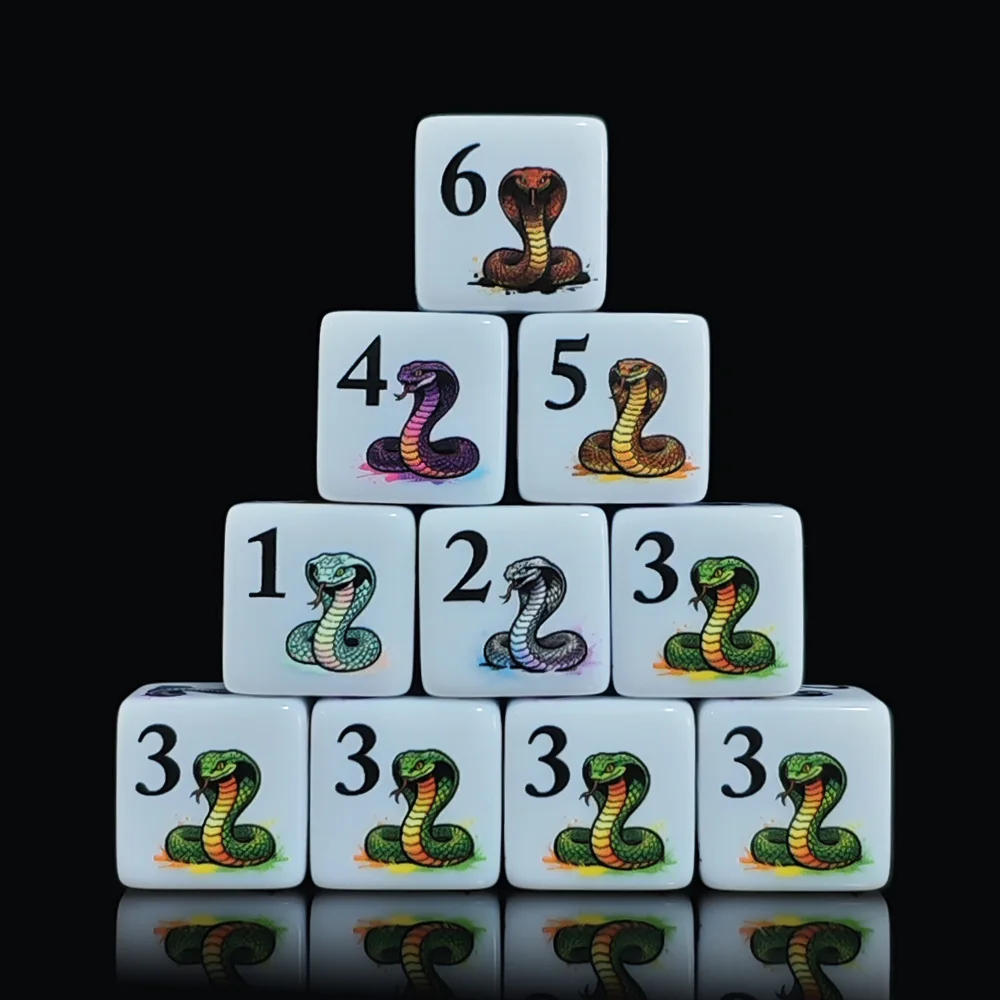 12Pcs 16MM Acrylic D6 Dice, Colorful Cobra Snake Printed Six Sided Game Cubes For DND RPG Tabletop Board Game