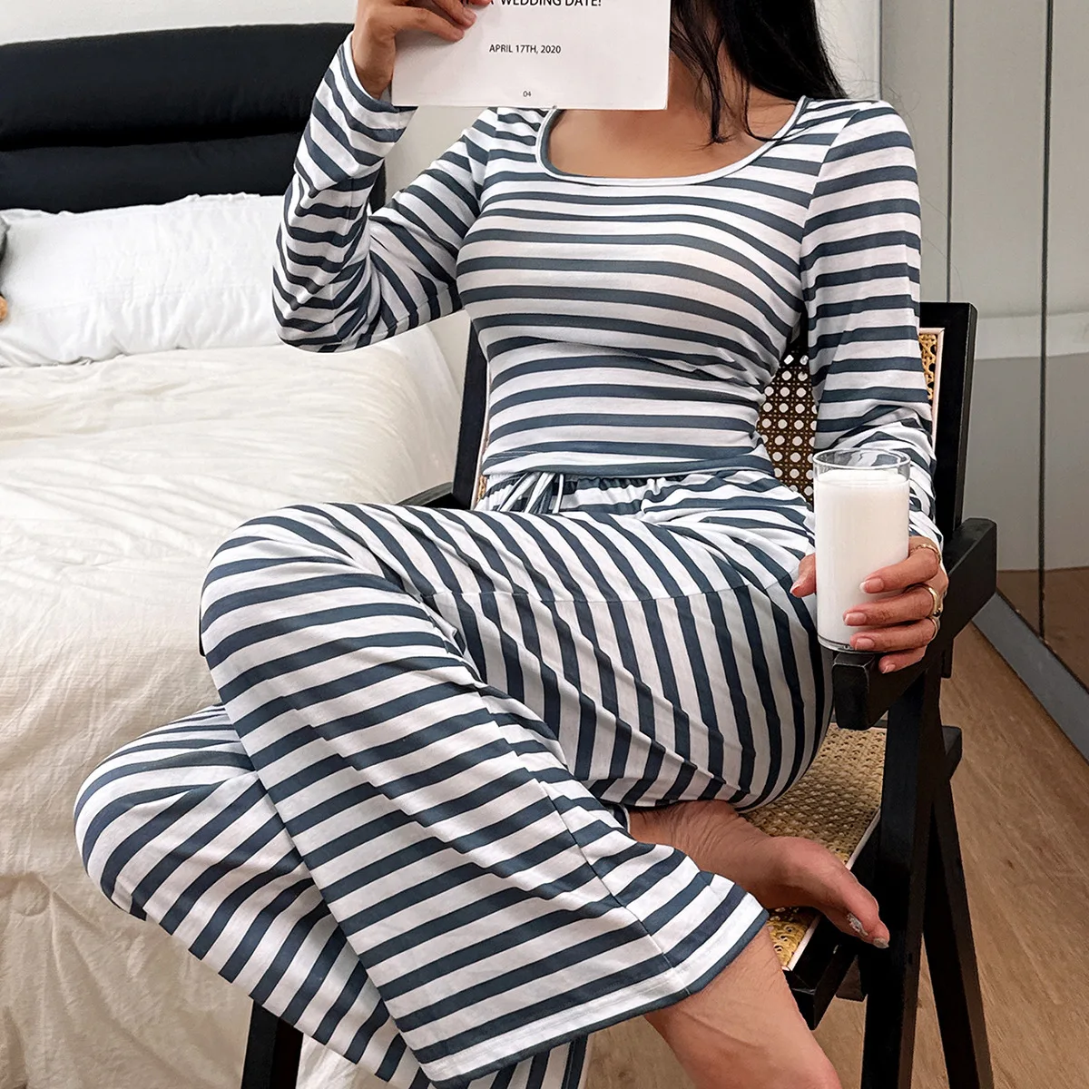 

Women Spring Autumn Casual Pajamas Set Sexy Slim Fit Long Sleeve Striped T-shirt Tops + Loose Pants Sleepwear Female Loungewear