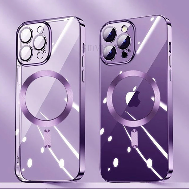 

2025 New Transparent Magsafe Case For iPhone 16 15 14 13 Pro Max Magnetic Wireless Charging Back Shcokproof Electroplating Cover