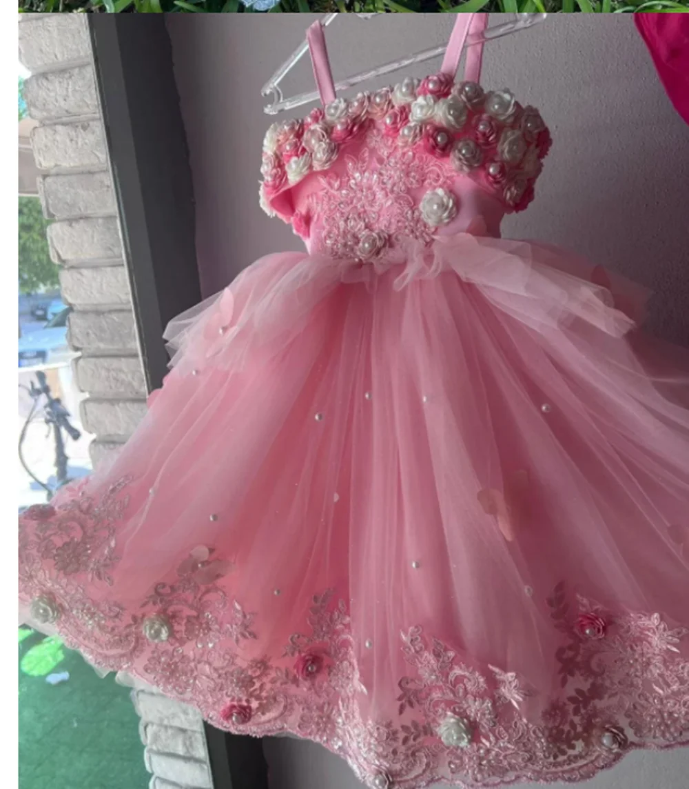 Flower Girl Dress Pink Fluffy Layered Tulle Lace Applique Wedding Elegant Flower Child's First Eucharistic Birthday Party Dress