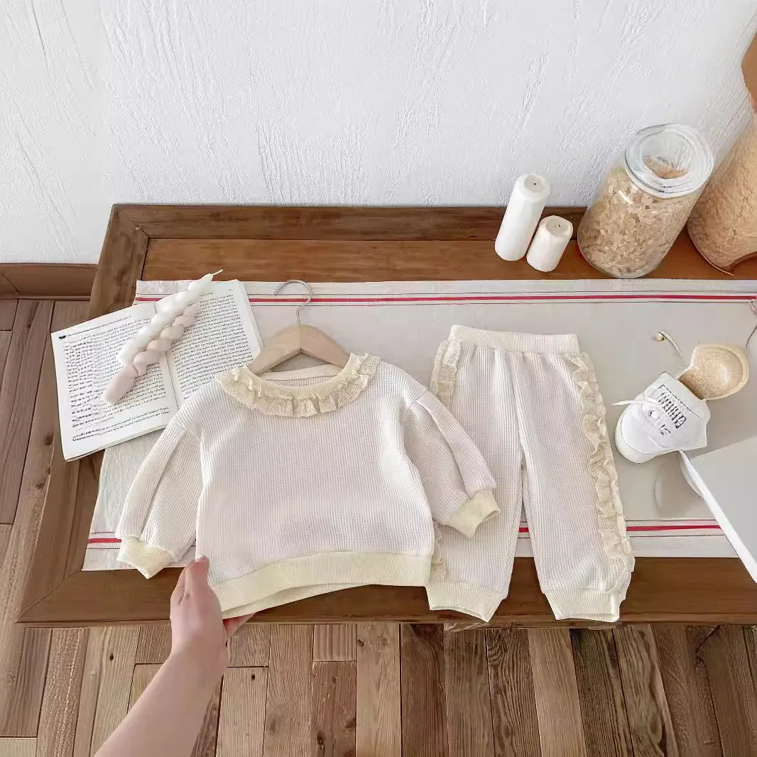 2024 Autumn Spring New in Sweet Lace Trimmed Stylish Sweatshirt + Pants Korean Kids Baby Girls\' Casual Loose 2-Piece Set