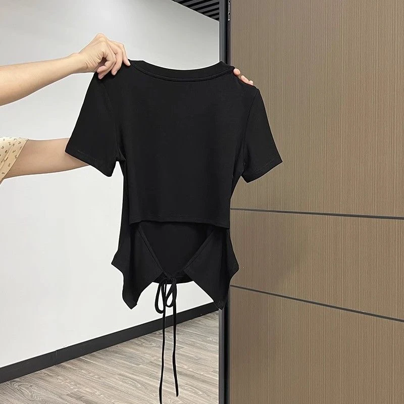 Couleur Pure longueur d'épaule ort Sve rond Ne T-shirt femme taille cintrée haut d'été Faion Sensation Ba cravate Design