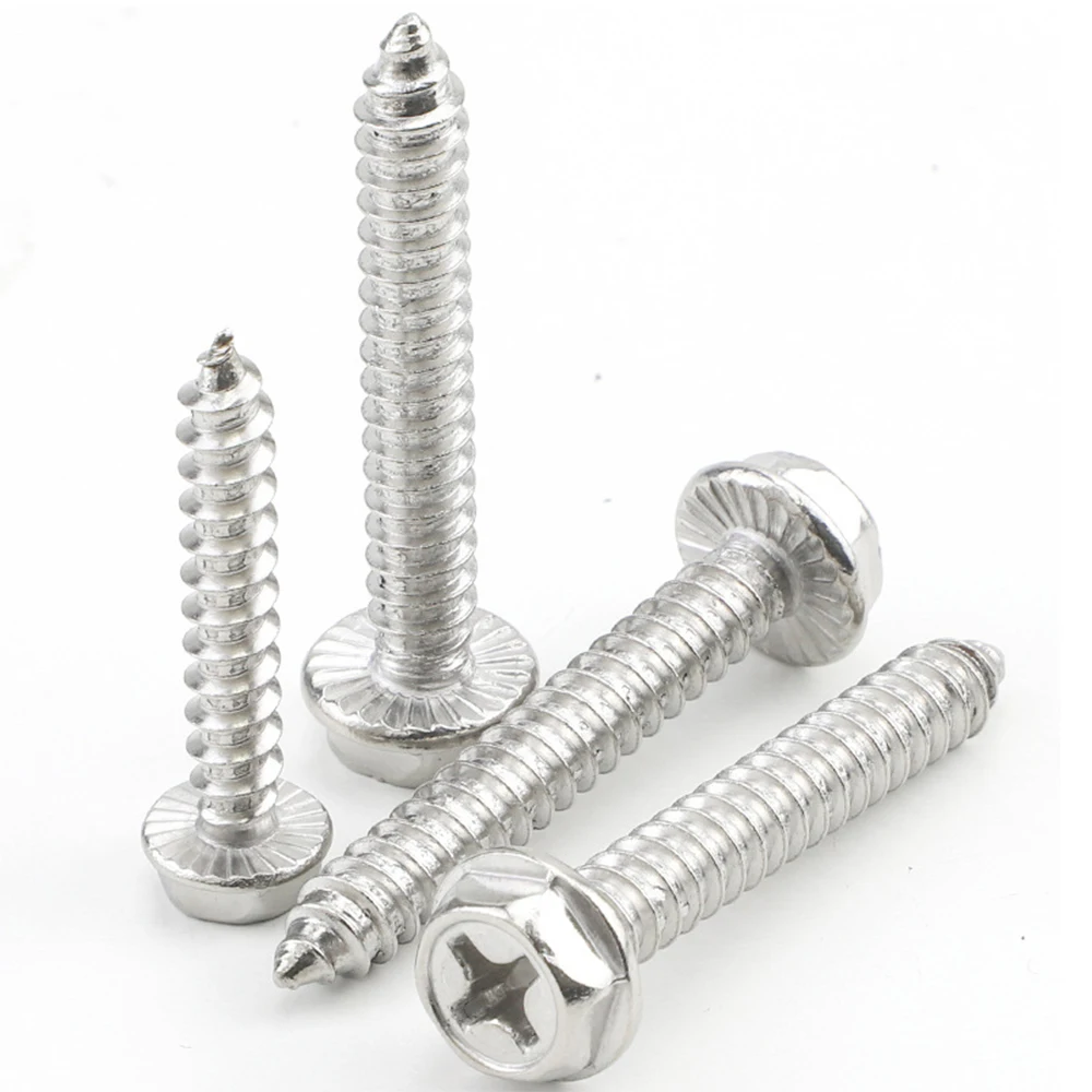Phillips Recess Hex Flange Head Tapping Screws with Serrated 304 Stainless Steel M3 M4 M5 M6 Cross Drive Hex Washer Head Screw