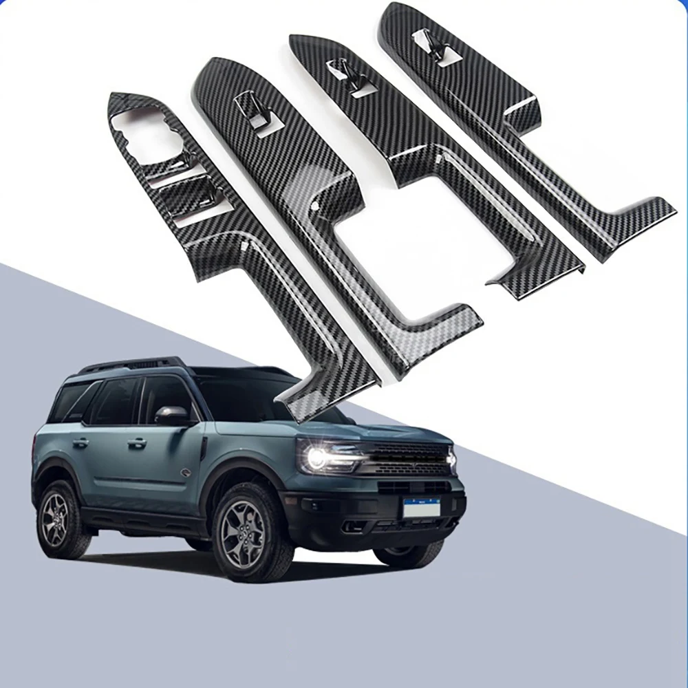 For Ford Bronco 2021 Car Door Window Lift Switch Cover Trim Frame Decorator Sticker Accessories, Bright Carbon Fiber ABS