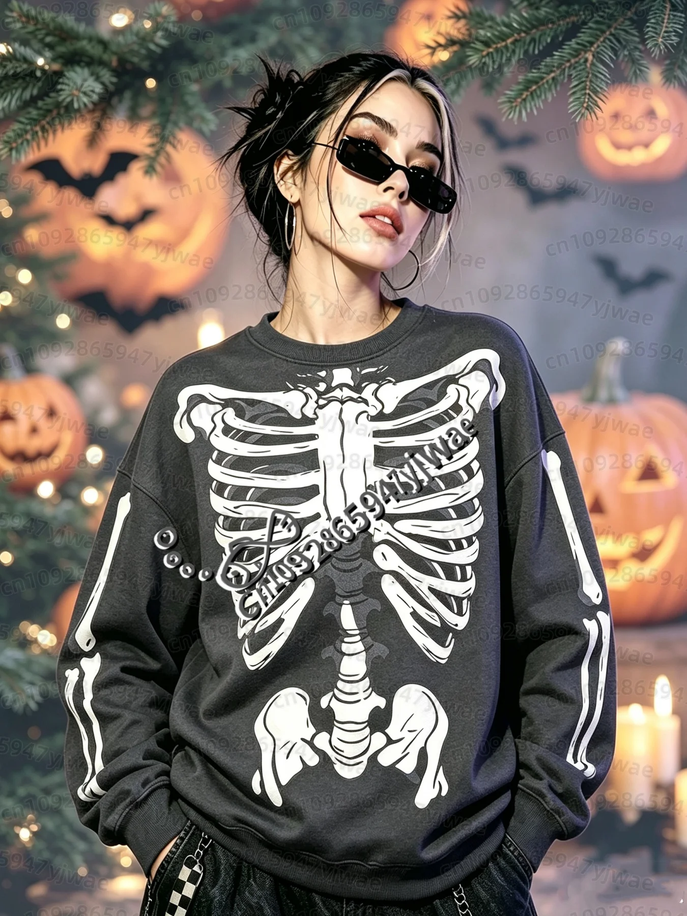 26 Damen Grunge Y2k Oberteile Mädchen Y2k Sweatshirt Goth Damen Hoodies Halloween Cosplay Skelett Knochen Vintage O-Neck Sweatshirt – Detail 14