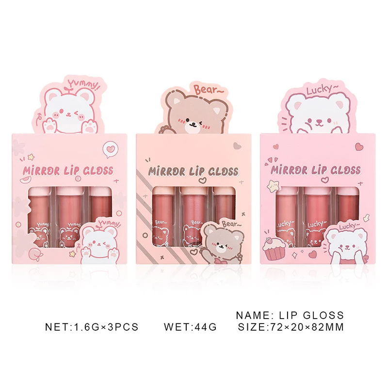 3 pz/set Lip Gloss Glass con lucidalabbra idratante e perla come lustro Cartoon Set Box con labbra scintillanti