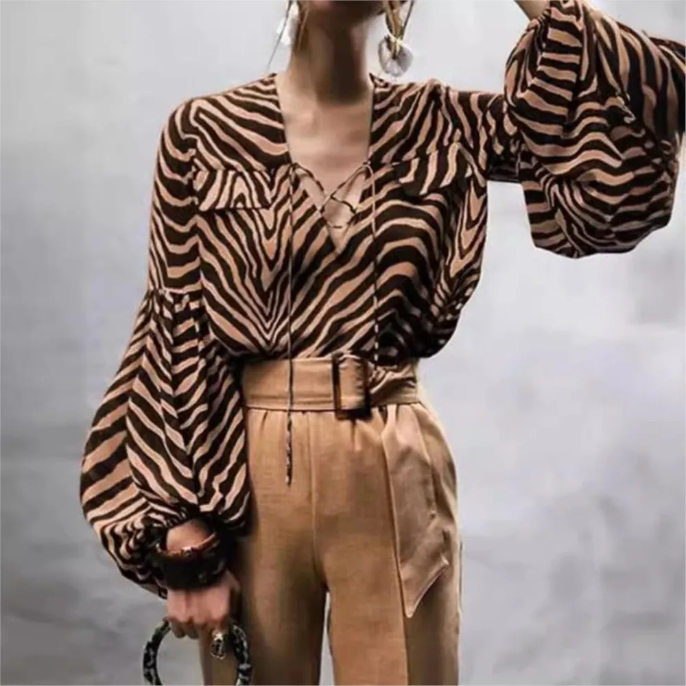 Elegant Lantern Sleeve Top Blouses Tops 2024 Women\'s Spring And Autumn New Item Zebra Print V-neck Lace Up Long Sleeved Shirt