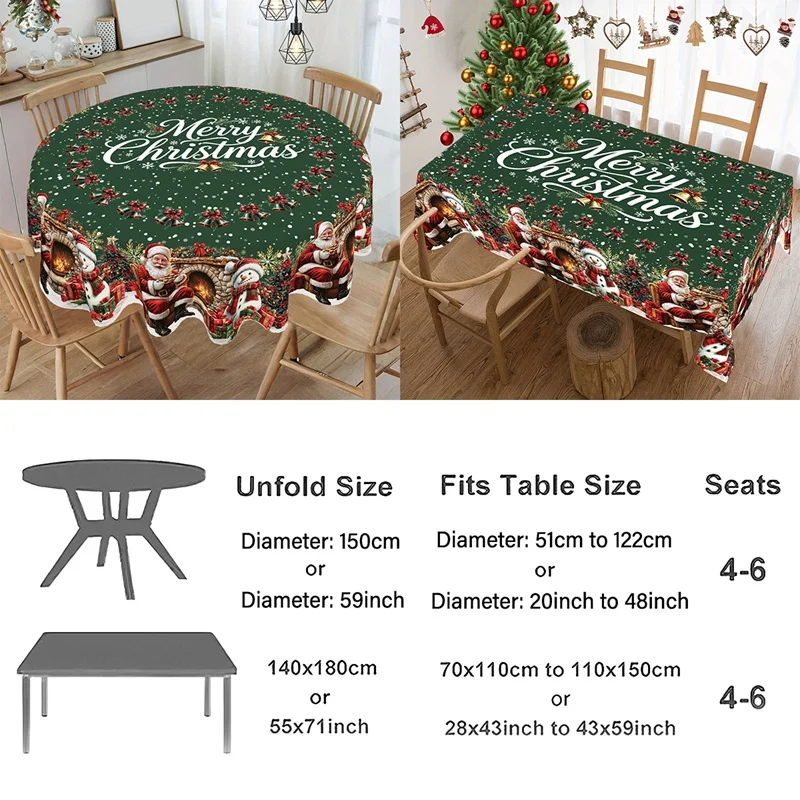 Merry Christmas Tablecloth Rectangle/Round Santa Snowman Polyester Table Cover for Winter Holiday Navidad Dinning Table Decor