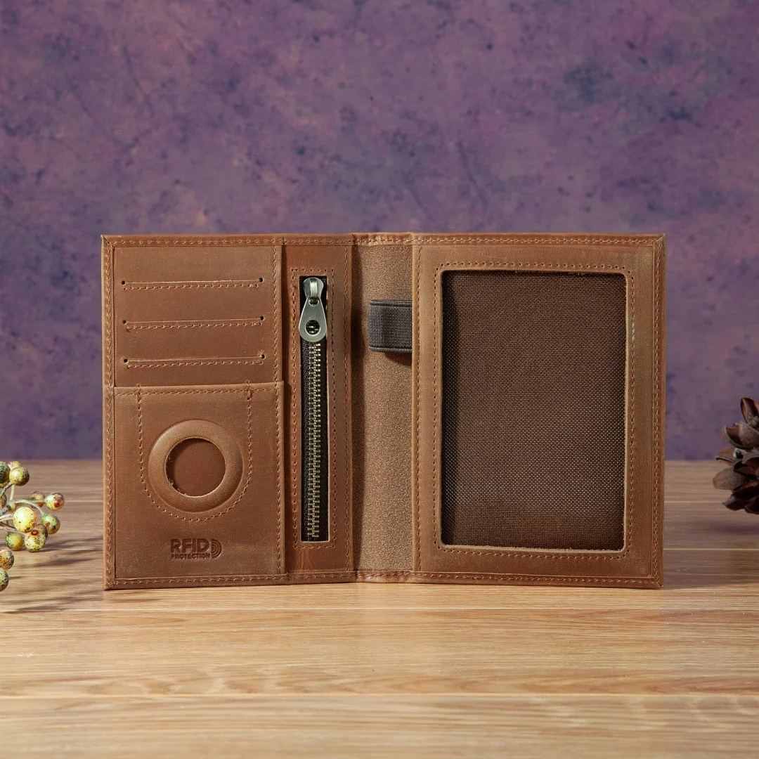 New Vintage Cowhide Leather Passport Holder RFID Blocking Travel Wallet With Item Tracker Slot Zipper Coin Pocket Card Holder