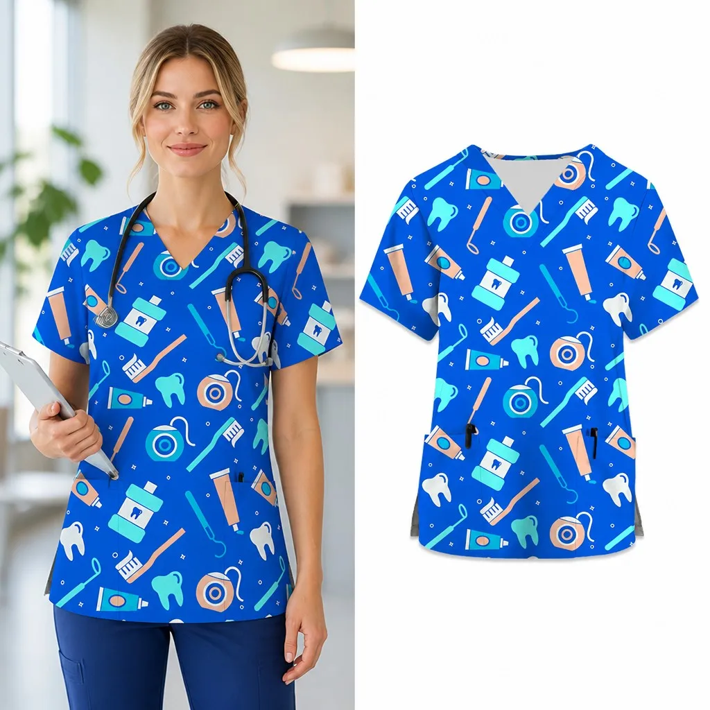 New Summer Women's Hospital Clinic Dental Pet Shop Care Uniform T-Shirt V-Neck Short Sleeve Frosted Top with Printed Design - view 5