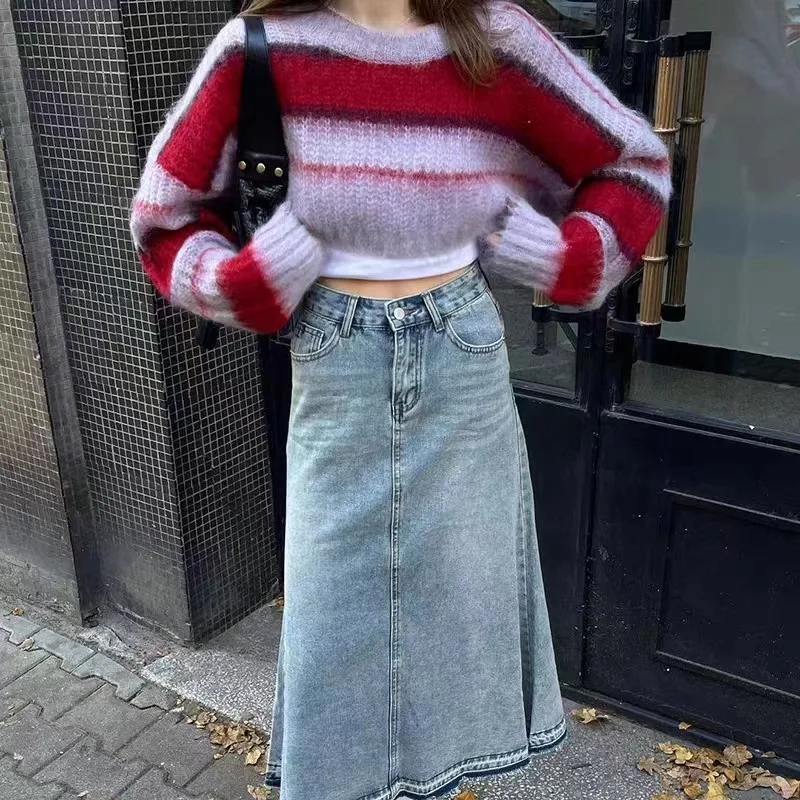 Women's Sweater 2024 Autumn/Winter New Solid Color Loose Open Navel Fashion Round Neck Long Sleeve Knitted Casual and Elegant