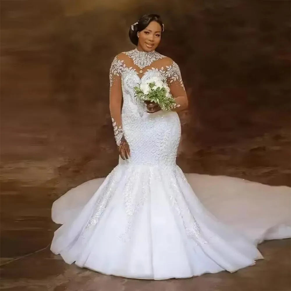 Exquisite Beaded Crystal Wedding Dress High Neck Long Sleeves Lace Applique Customized Plus Bridal Gowns Aso Ebi Robe De Marie