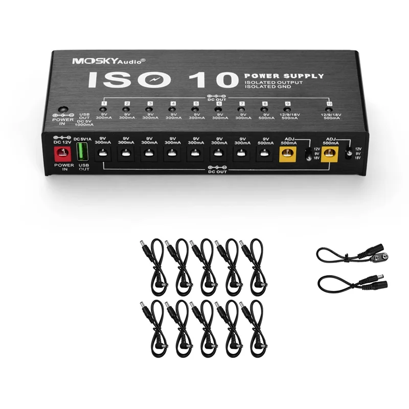 

MOSKYAUDIO ISO-10 Guitar Effect Pedal Power Supply 10 Isolated DC Output 5V USB Output For 9V 12V 18V Guitar Accessories