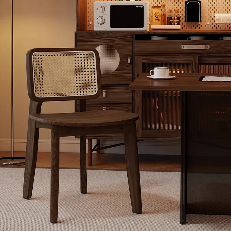 

Antique Style Solid Wood Chair with Rattan Backrest Walnut Colour Simple Household Desk Chair Leisure Stool for Dining Table Set