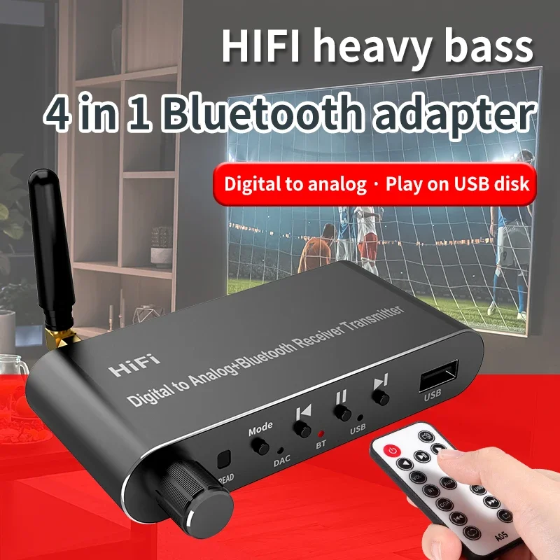 Bluetooth 5.1 Receiver Transmitter Audio Adapter U-Disk Play Coxial/Optical to 3.5MM AUX RCA R/L DAC Converter Remote Control