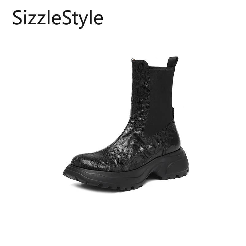 

Fashion Women's Simple Round Toe Platform Stitching Textile Solid Color Thick Sole Slip-on Western Boots