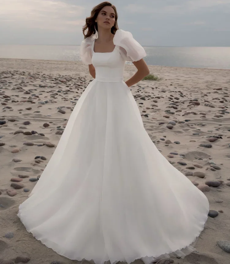 

Beach Wedding Dress Short Sleeves Organza Cap Sleeves Long Simple Bride Gowns Formal Party Bridal Gowns Women Custom Made