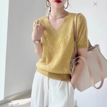 

European-Style Design V-Neck Knitted T-Shirt For Women, Summer New Style, Versatile, Loose, Fashionable, Slimming