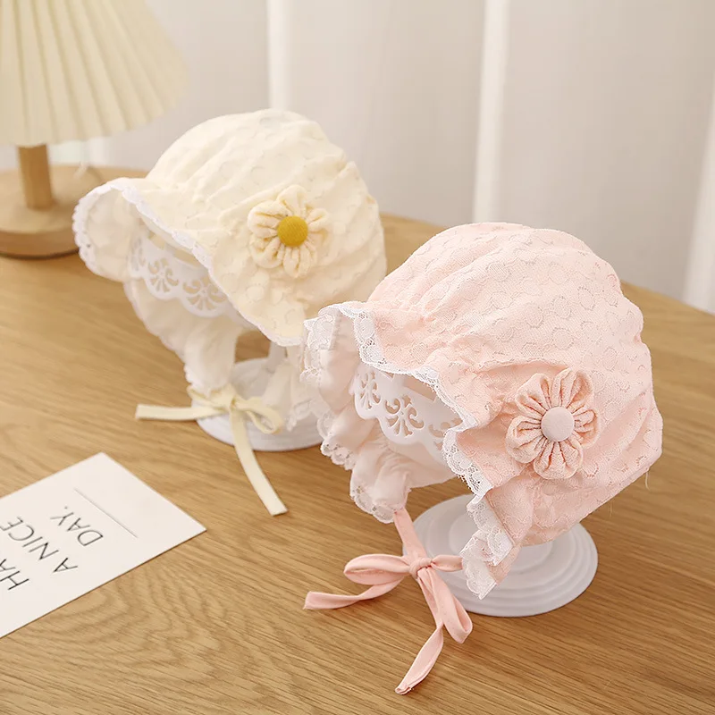 Lace Flower Newborn Baby Bonnet Hat Princess Girls Ruffle Lace Up Cap Summer Breathable Mesh Infant Toddler Sun Hat