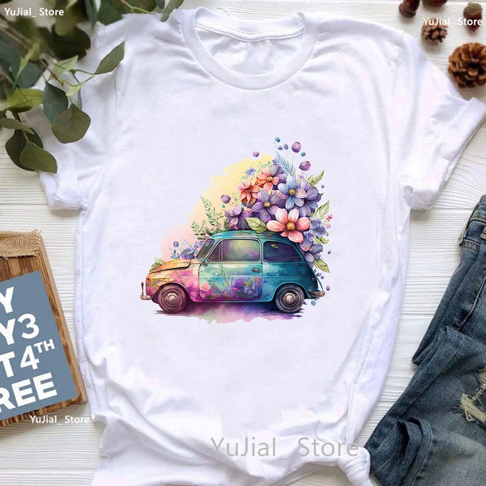 Watercolor Flowers Car Print T Shirt Girls Travel Truck Tshirt Women Summer Fashion Tops Tee Shirt Femme Casual White T-Shirt