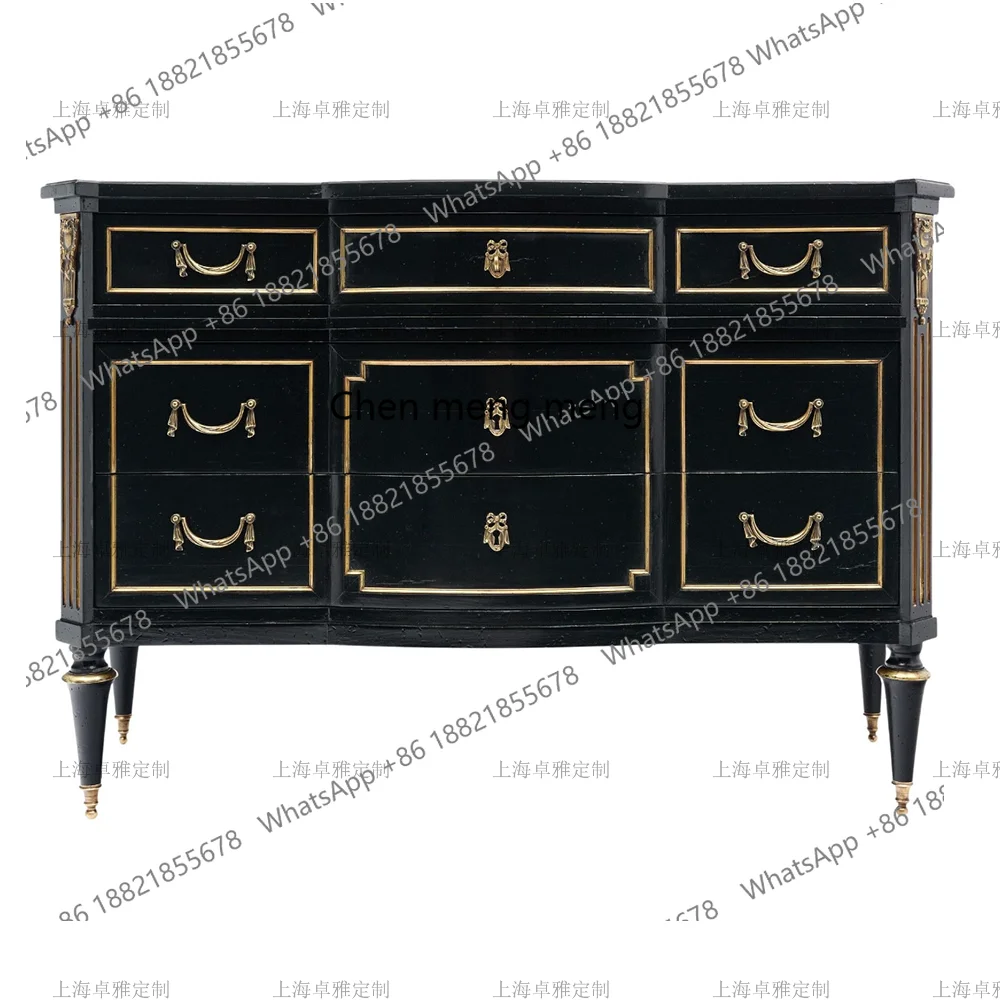 

French retro solid wood porch cabinet with drawers storage locker gold side cabinet