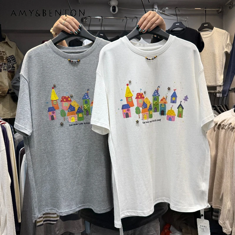 

Новая женская футболка-пуловер средней длины в корейском стиле, свободного кроя, с мультяшным принтом, с коротким рукавом, весна 2026