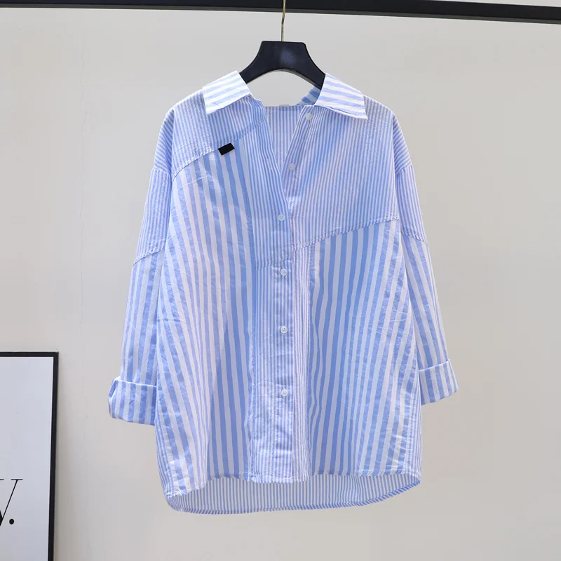 

Женская рубашка свободного кроя с длинным рукавом, весна-осень, новый стиль, вертикальные полосы, средней длины, модная, в корейском стиле, для повседневной носки